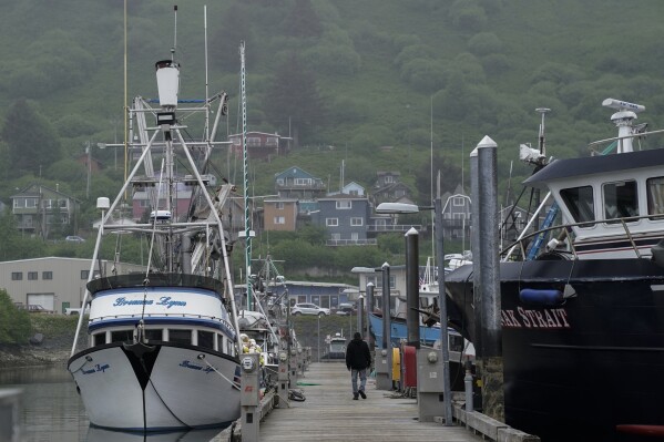 A person walks across the dock at St. Paul Harbor, Thursday, June 22, 2023, in Kodiak, Alaska. (AP Photo/Joshua A. Bickel)