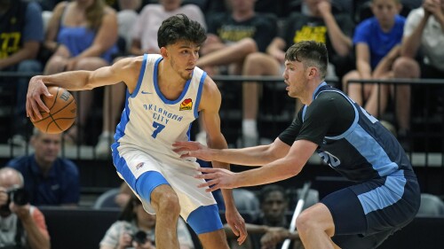 Memphis Grizzlies forward Matthew Hurt, right, guards Oklahoma City Thunder forward Chet Holmgren (7) during the first half during an NBA summer league basketball game Wednesday, July 5, 2023, in Salt Lake City. (AP Photo/Rick Bowmer)