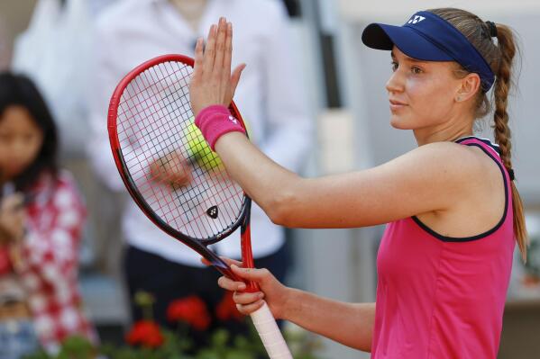 Kazakhstan's Elena Rybakina reacts after winning against Brenda Fruhvirtova of the Czech Republic during their first round match of the French Open tennis tournament at the Roland Garros stadium in Paris, Tuesday, May 30, 2023. (AP Photo/Jean-Francois Badias)