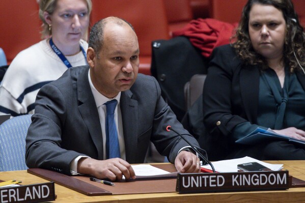 James Kariuki, deputy permanent representative of the United Kingdom to the United Nations, speaks to delegates during a Security Council meeting at the United Nations Headquarters, Monday, Jan. 22, 2024. (AP Photo/Eduardo Munoz Alvarez)