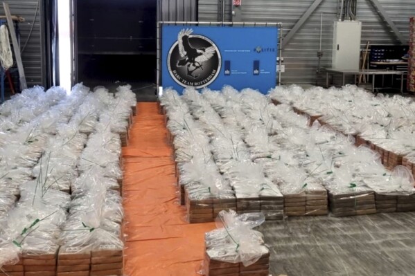 This picture provided on Thursday, Aug. 10, 2023, by the Rotterdam Public Prosecution Service shows 8,000 kilograms (17,637 pounds) of cocaine. Customs authorities in the Netherlands said Thursday they intercepted a shipment of more than 8,000 kilograms (17,637 pounds) of cocaine last month, the biggest ever single seizure of the drug at the Port of Rotterdam. The drugs had an estimated street value of 600 million euros ($662 million), the Rotterdam Public Prosecution Service said in a statement. (Openbaar Ministerie, Netherlands Public Prosecution Service via AP)