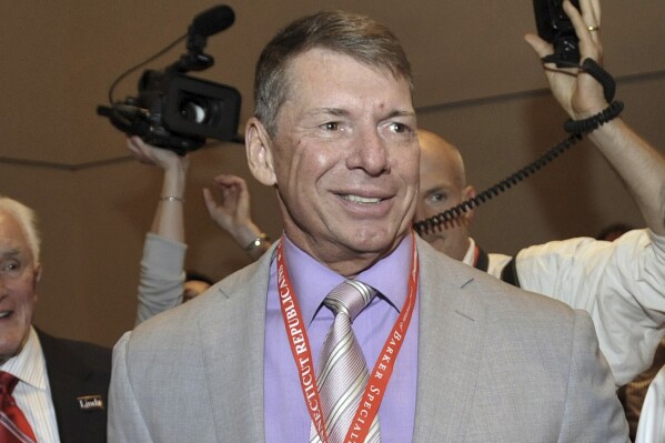 FILE - WWE Chairman and Chief Executive Officer Vince McMahon is shown at the Connecticut Republican Convention in Hartford, Conn., May 21, 2010. Federal law enforcement agents executed a search warrant and served a federal grand jury subpoena McMahon last month, July 2023, according to a regulatory filing. McMahon is also taking medical leave from the sports entertainment company following recent spinal surgery. (AP Photo/Jessica Hill, File)