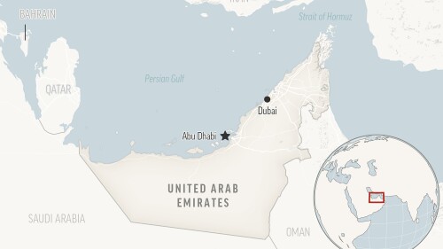 Este es un mapa de ubicación de los Emiratos Árabes Unidos con su capital, Abu Dhabi.  (Foto AP)