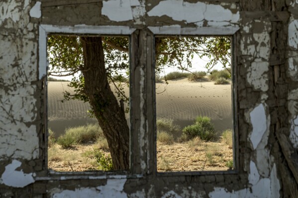 A hill of sand is visible through a destroyed home on the edge of the dried-up Aral Sea near Tastubek, Kazakhstan, Monday, July 3, 2023. (AP Photo/Ebrahim Noroozi)