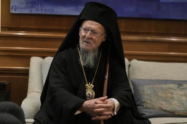 Orthodox Ecumenical Patriarch Bartholomew speaks during his meeting with Greece's Prime Minister Kyriakos Mitsotakis, in Athens, Thursday May 8, 2025. (AP Photo/Petros Giannakouris)