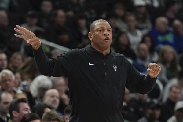 Milwaukee Bucks head coach Doc Rivers reacts during the first half of an NBA basketball game Monday, March 4, 2024, in Milwaukee. (AP Photo/Morry Gash)