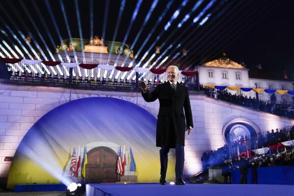 President Joe Biden to arrives to deliver a speech marking the one-year anniversary of the Russian invasion of Ukraine, Tuesday, Feb. 21, 2023, at the Royal Castle Gardens in Warsaw. (AP Photo/ Evan Vucci)
