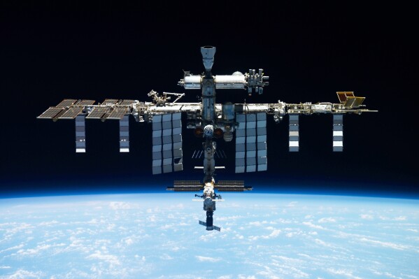 FILE - This undated photo provided by Roscosmos shows the International Space Station. A NASA power outage disrupted communication between Mission Control and the International Space Station on Tuesday, July 25, 2023. (Roscosmos State Space Corporation via AP, File)