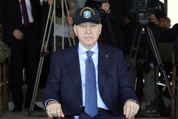 Turkey's President Recep Tayyip Erdogan attends the Efes 2024 military exercise in Izmir, Turkey, Thursday, May 30, 2024. (Yavuz Ozden/DIA Photo via AP)
