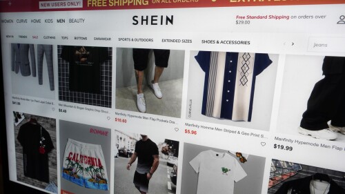 A page from the Shein website is shown in this photo, in New York, Friday, June 23, 2023. China's fast fashion retailer Shein is facing a lawsuit that claims the company is infringing on copyrights in a way that amounts to racketeering. (AP Photo/Richard Drew)