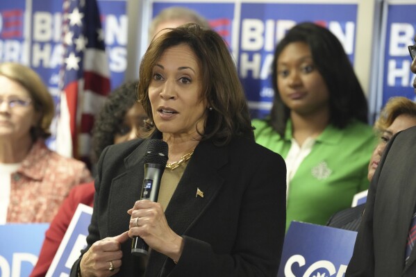 Vice President Kamala Harris speaks to supporters after filing President Joe Biden's paperwork to appear on South Carolina's 2024 Democratic presidential primary, on Friday, Nov. 10, 2023, in Columbia, S.C. (AP Photo/Meg Kinnard)