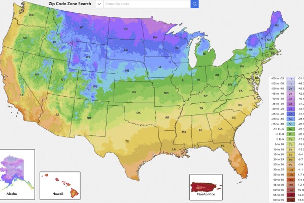 This image from the U.S. Department of Agriculture shows the agency's new plant hardiness zone map updated on Wednesday, Nov. 15, 2023. The map was updated for the first time in a decade, and it shows the impact that climate change will have on gardens and yards across the country. (USDA via AP)