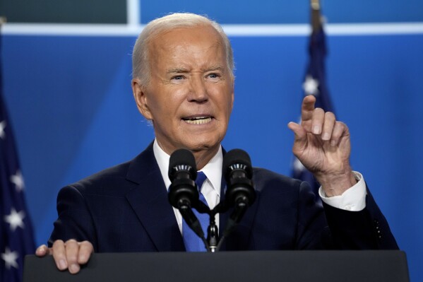 President Joe Biden speaks at a news conference following the NATO Summit in Washington, Thursday, July 11, 2024. (AP Photo/Susan Walsh)