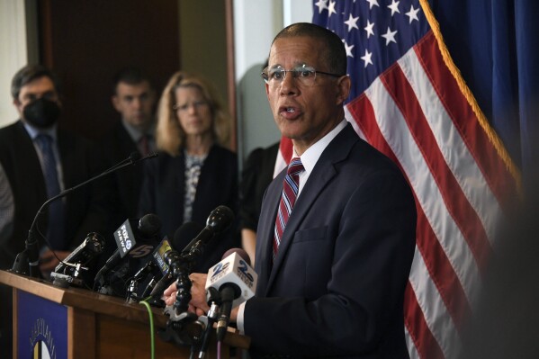 FILE - Maryland Attorney General Anthony Brown comments about releasing the redacted report on child sexual abuse in the Catholic Archdiocese of Baltimore on April 6, 2023, in Baltimore. Brown released some previously redacted names in its staggering report on child sex abuse in the Archdiocese of Baltimore on Tuesday, Sept. 26, 2023. (Kim Hairston/The Baltimore Sun via AP, File)