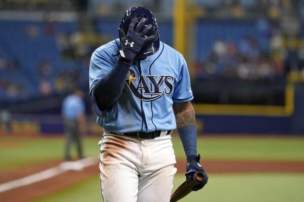 Tampa Bay Rays' Wander Franco reacts after striking out againt Boston Red Sox relief pitcher Yacksel Rios during the fourth inning of a baseball game Wednesday, June 23, 2021, in St. Petersburg, Fla. (AP Photo/Chris O'Meara)