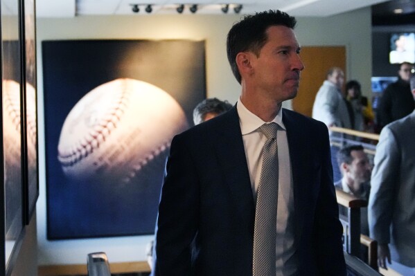 Craig Breslow arrives to be introduced as the Boston Red Sox chief baseball officer during a press availability at Fenway Park, Thursday, Nov. 2, 2023, in Boston. (AP Photo/Charles Krupa)