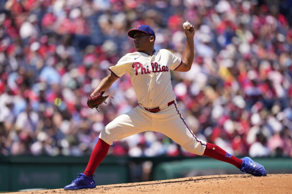 Philadelphia Phillies' Ranger Suarez pitches during the second inning of a baseball game against the San Diego Padres, Wednesday, June 19, 2024, in Philadelphia. (AP Photo/Matt Slocum)