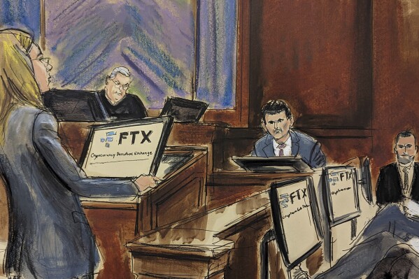 In this courtroom sketch, FTX founder Sam Bankman-Fried, background center, is cross examined by U.S. Assistant Attorney Danielle Sassoon, left, while Judge Lewis Kaplan listens, background second left, in Manhattan federal court, Monday, Oct. 30, 2023, in New York. Members of the jury are seated at right. (Elizabeth Williams via AP)