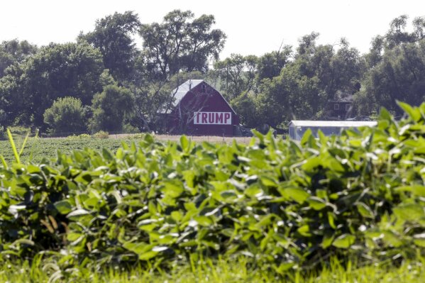 FILE - In this July 24, 2018, file photo a field of soybeans is seen in front of a barn carrying a large Trump sign in rural Ashland, Neb. President Donald Trump's boundless enthusiasm for tariffs has upended decades of Republican trade policy that favored free trade. It has left the party's traditional allies in the business world struggling to maintain political relevance in the Trump era. (AP Photo/Nati Harnik, File)