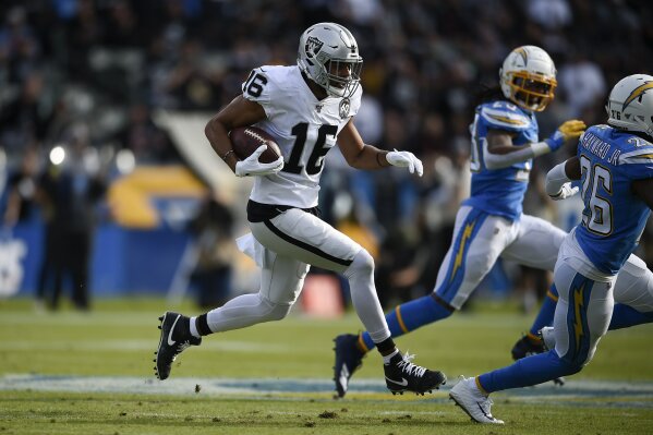 FILE - In this Dec. 22, 2019, file photo, Oakland Raiders wide receiver Tyrell Williams runs against the Los Angeles Chargers during the first half of an NFL football game in Carson, Calif. Whether it was Kansas City getting rid of banged-up and expensive starting offensive tackles Mitchell Schwartz and Eric Fisher, or the Raiders cutting ties with Lamarcus Joyner and Tyrell Williams, veterans around the league have been sent to the chopping block.  (AP Photo/Kelvin Kuo, File)
