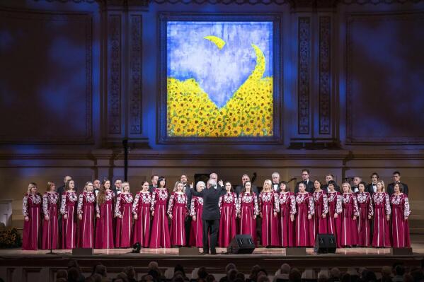 This image released by Carnegie Hall shows a performance fundraiser at Carnegie Hall in New York on Monday, May 23, 2022, that raised $350,000 for Ukrainian relief efforts. (Chris Lee/Carnegie Hall via AP)