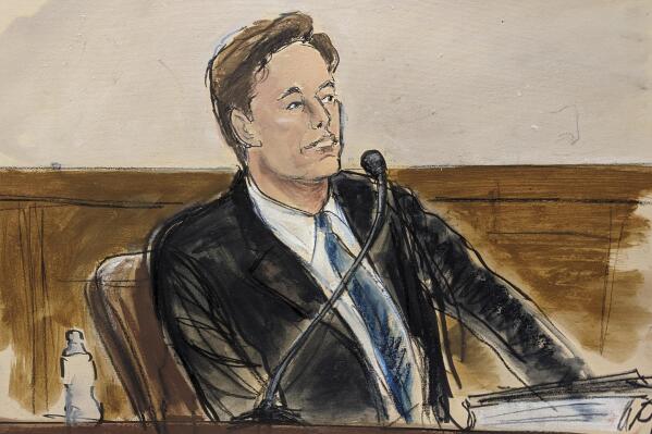 In this courtroom sketch Tesla CEO Elon Musk testifies in a courtroom in Wilmington, Del., on Wednesday, Nov. 16, 2022. Musk is defending himself in a shareholder lawsuit challenging a compensation package he was awarded by the company's board of directors that is potentially worth more than $55 billion. (Elizabeth Williams via AP)