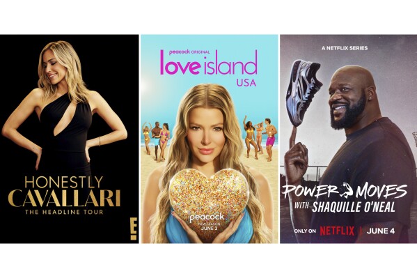 This combination of photos shows promotional art for "Honestly Cavallari: The Headline Tour," left, "Love Island USA," center, and "Power Moves with Shaquille O'Neal." (E!/Peacock/Netflix via AP)