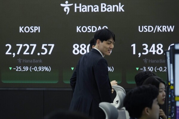 A currency trader passes by the screen showing the Korea Composite Stock Price Index (KOSPI), left, and the foreign exchange rate between U.S. dollar and South Korean won, right, at the foreign exchange dealing room of the KEB Hana Bank headquarters in Seoul, South Korea, Wednesday, April 3, 2024. Asian shares mostly declined Wednesday after Wall Street sank, hitting the brakes on what’s been a nearly unstoppable romp. (AP Photo/Ahn Young-joon)