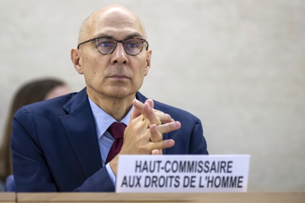 U.N. High Commissioner for Human Rights Volker Türk, speaks about the Annual full-day discussion on the human rights of women, during the 56th session of the Human Rights Council at the European headquarters of the United Nations in Geneva, Switzerland, Friday, June 28, 2024. Türk warned Wednesday July 3, 2024 about rising hatred and discrimination around the world in a “mega-year for elections,” calling on voters to put rights of others in mind when they cast their ballots. (Martial Trezzini/Keystone via AP)