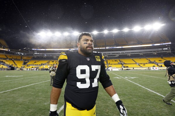 FILE - Pittsburgh Steelers defensive tackle Cameron Heyward (97) after an NFL football game against the Las Vegas Raiders, Sunday, Dec. 24, 2022, in Pittsburgh. Heyward suffered a groin injury in a season-opening loss to San Francisco and will be out an extended period of time. (AP Photo/Tyler Kaufman, File)