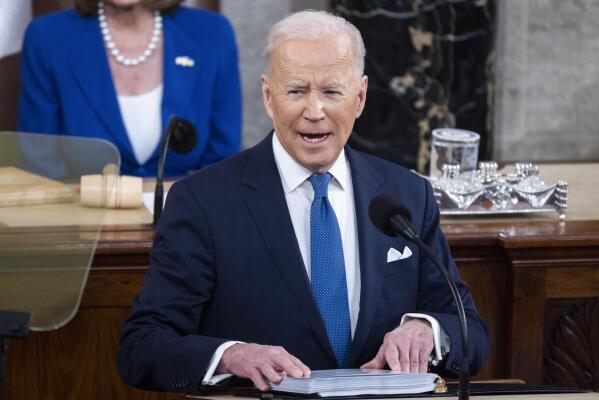 President Joe Biden delivers his first State of the Union address to a joint session of Congress at the Capitol, Tuesday, March 1, 2022, in Washington. (Jim Lo Scalzo/Pool via AP)