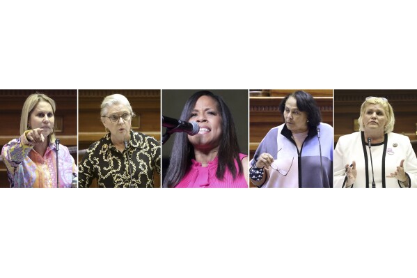 In this combo image, South Carolina senators from left; State Sen. Sandy Senn on Sept. 7, 2022, in Columbia, S.C., Sen. Katrina Shealy on Sept. 7, 2022, in Columbia, S.C. State Sen. Mia McLeod on June 11, 2022, in Columbia, S.C., State Sen. Margie Bright Matthews on Jan. 28, 2021, Columbia, S.C., and Penry Gustafson on May 23, 2023. The five women Senators from South Carolina — who formed a bipartisan coalition to filibuster a near-total abortion ban in their state have been chosen to receive the John F. Kennedy Profile in Courage Award this year. (AP Photo/Jeffery Collins, Meg Kinnard, File)