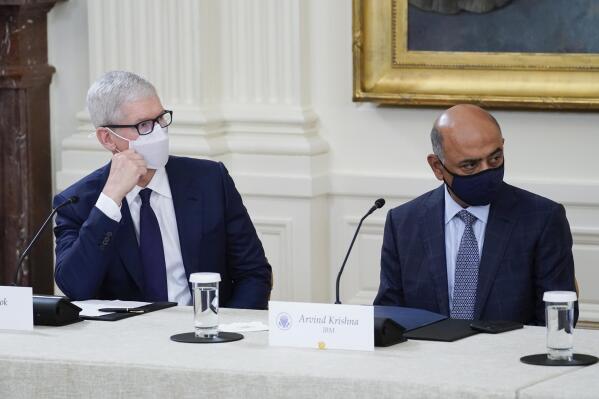 Apple CEO Tim Cook, left, and IBM CEO Arvind Krishna listen as President Joe Biden speaks during a meeting about cybersecurity in the East Room of the White House, Wednesday, Aug. 25, 2021, in Washington. (AP Photo/Evan Vucci)