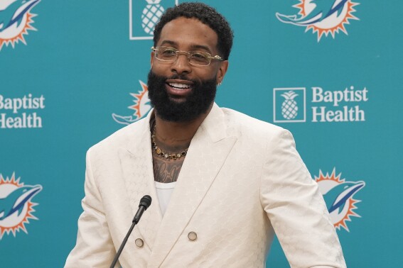 Odell Beckham Jr. speaks during an NFL football news conference, Wednesday, May 15, 2024, in Miami Gardens, Fla. Beckham, a wide receiver, signed a one year contract with the Miami Dolphins. (AP Photo/Marta Lavandier)