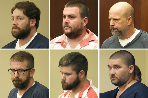 FILE - This combination of photos shows, from top left, former Rankin County sheriff's deputies Hunter Elward, Christian Dedmon, Brett McAlpin, Jeffrey Middleton, Daniel Opdyke and former Richland police officer Joshua Hartfield appearing at the Rankin County Circuit Court in Brandon, Miss., Aug. 14, 2023. Two Black men who were tortured for hours by the six Mississippi law enforcement officers in 2023 called Monday, March 18, 2024, for a federal judge to impose the strictest possible penalties at their sentencings this week. (AP Photo/Rogelio V. Solis, File)