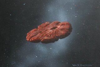 This 2018 illustration provided by William Hartmann and Michael Belton shows a depiction of the Oumuamua interstellar object as a pancake-shaped disk. A study published in March 2021 says the mystery object is likely a remnant of a Pluto-like world and shaped like a cookie. (William Hartmann and Michael Belton via AP)