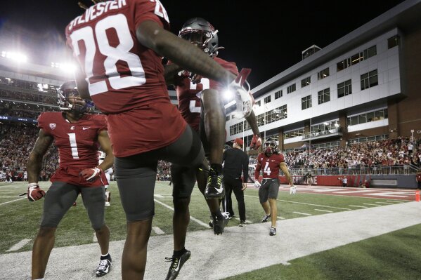 Washington State defensive back Cam Lampkin (3) and defensive back Reece Sylvester (28) celebrate the team's defensive stop against against Wisconsin during the second half of an NCAA college football game, Saturday, Sept. 9, 2023, in Pullman, Wash. Washington State won 31-22. (AP Photo/Young Kwak)