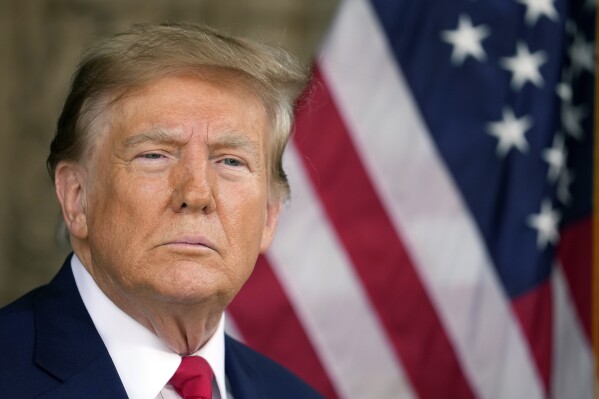 Republican presidential candidate former President Donald Trump listens to a question as he speaks at his Mar-a-Lago estate Thursday, Feb. 8, 2024, in Palm Beach, Fla. (AP Photo/Rebecca Blackwell)