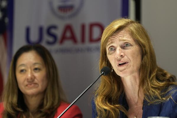 USAID Administrator Samantha Power, right, speaks as US ambassador to Sri Lanka Julie Chung watches during a media conference in Colombo, Sri Lanka, Sunday, Sept. 11, 2022. (AP Photo/Eranga Jayawardena)