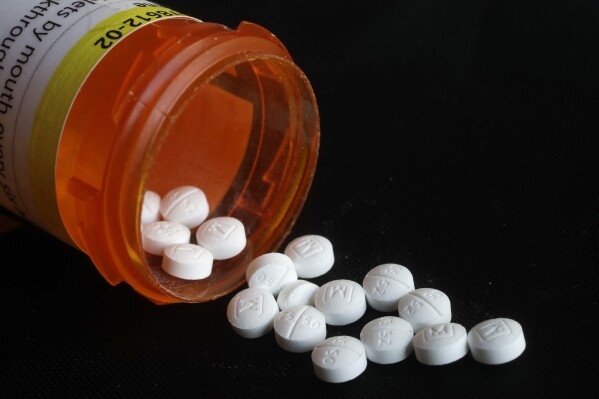 Pills spill in an arrangement photo of prescription Oxycodone in New York. (AP Photo/Mark Lennihan, File)