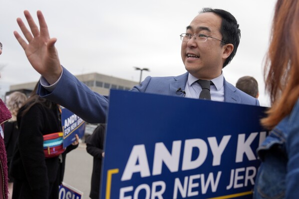 FILE — Rep. Andy Kim greets supporters outside the Bergen County Democratic convention in Paramus, N.J., March 4, 2024. Democratic voters are deciding between Rep. Andy Kim, labor leader Patricia Campos-Medina and longtime grassroots organizer Lawrence Hamm. (AP Photo/Seth Wenig, File)