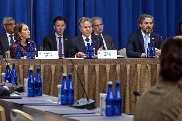 Secretary of State Antony Blinken delivers remarks during Ministerial Meeting on Atlantic Cooperation Monday, Sept. 18, 2023, in New York. (AP Photo/Craig Ruttle, Pool)