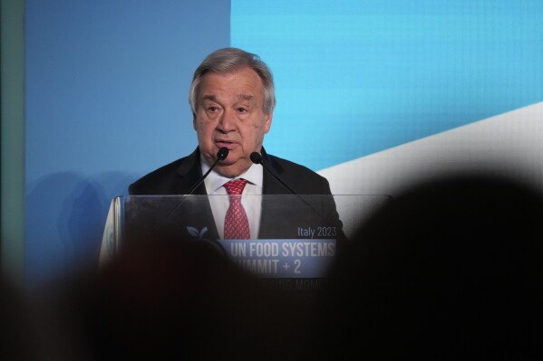 FILE - United Nations Secretary-General Antonio Guterres addresses the assembly during the opening session of a three-day U.N. Food and Agriculture Agency's summit on food systems in Rome, July 24, 2023. The U.N. chief urged the international community on Tuesday, Aug. 15, to deploy a multinational force comprising “police special forces and military support units” to Haiti to combat gangs with sophisticated weapons and restore security to the impoverished Caribbean nation. (AP Photo/Andrew Medichini, File)