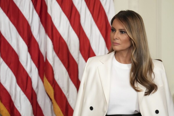 First lady Melania Trump attends an event unveiling a U.S. Postal Service Stamp honoring former first lady Barbara Bush, May 8, 2025, in the East Room of the White House in Washington. (AP Photo/Jacquelyn Martin, File)