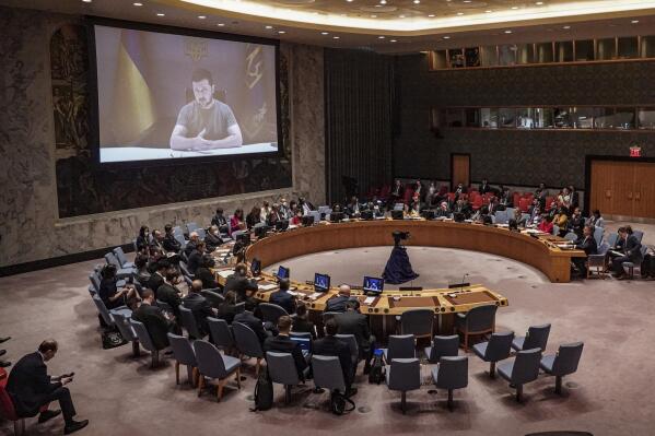 Ukraine President Volodymyr Zelenskyy addresses the United Nations Security Council by video, Tuesday Sept. 27, 2022, at U.N. headquarters. (AP Photo/Bebeto Matthews)