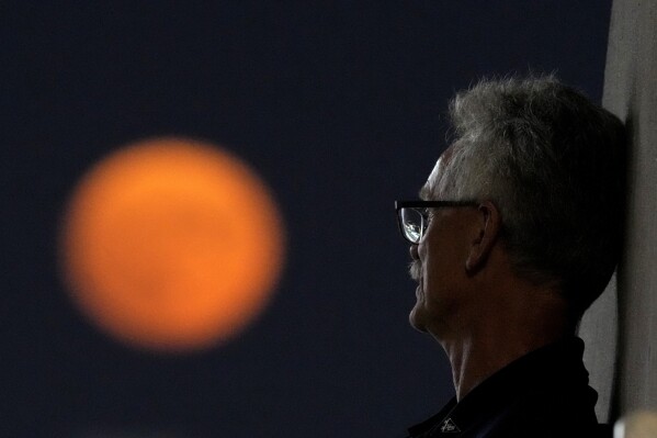 A man watches from the upper deck of a baseball game between the Kansas City Royals and the Pittsburgh Pirates as the blue supermoon rises in the distance Wednesday, Aug. 30, 2023, in Kansas City, Mo. (AP Photo/Charlie Riedel)