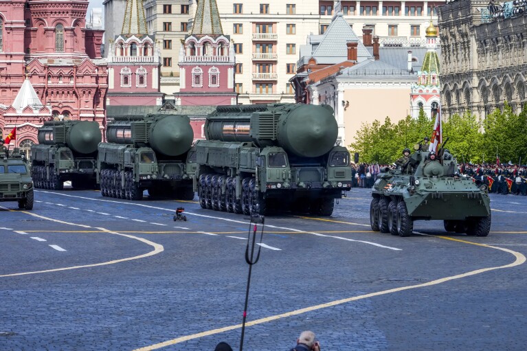 CORRECTS DATE Russian 'Yars' intercontinental ballistic missile launchers roll during the Victory Day military parade dress rehearsal at the Red Square in Moscow, Russia, Sunday, May 5, 2024. The parade will take place at Moscow's Red Square on May 9 to celebrate 79 years since the victory in WWII. (AP Photo/Alexander Zemlianichenko)