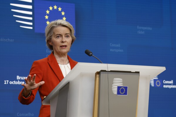 European Commission President Ursula von der Leyen speaks during a media conference at an EU summit in Brussels, Thursday, Oct. 17, 2024. (AP Photo/Geert Vanden Wijngaert)