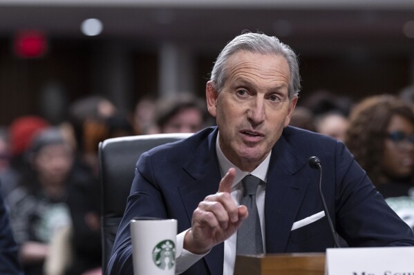 FILE - Starbucks founder and former CEO Howard Schultz testifies before the Senate Health, Education, Labor and Pensions Committee at the Capitol in Washington, Wednesday, March 29, 2023. In a LinkedIn post published over the weekend April 4, 2024, Schultz says the company’s leaders should spend more time in stores and focus on coffee drinks as they work to turn around flagging sales. (AP Photo/J. Scott Applewhite, File)