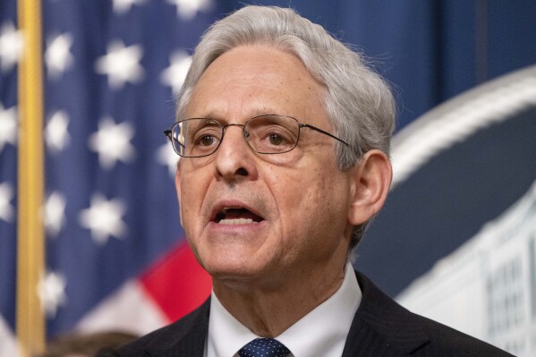 FILE - Attorney General Merrick Garland speaks about the verdicts in the Proud Boys trial, May 4, 2023, at the Department of Justice in Washington. The Justice Department is facing the biggest test in its history in the prosecution of former President Donald Trump. It is navigating unprecedented conditions in American democracy while trying to fight back against relentless attacks on its own credibility and that of the U.S. election system. (AP Photo/Jacquelyn Martin)